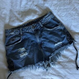 Zara Blue Jean Shorts Distressed Frayed Hem